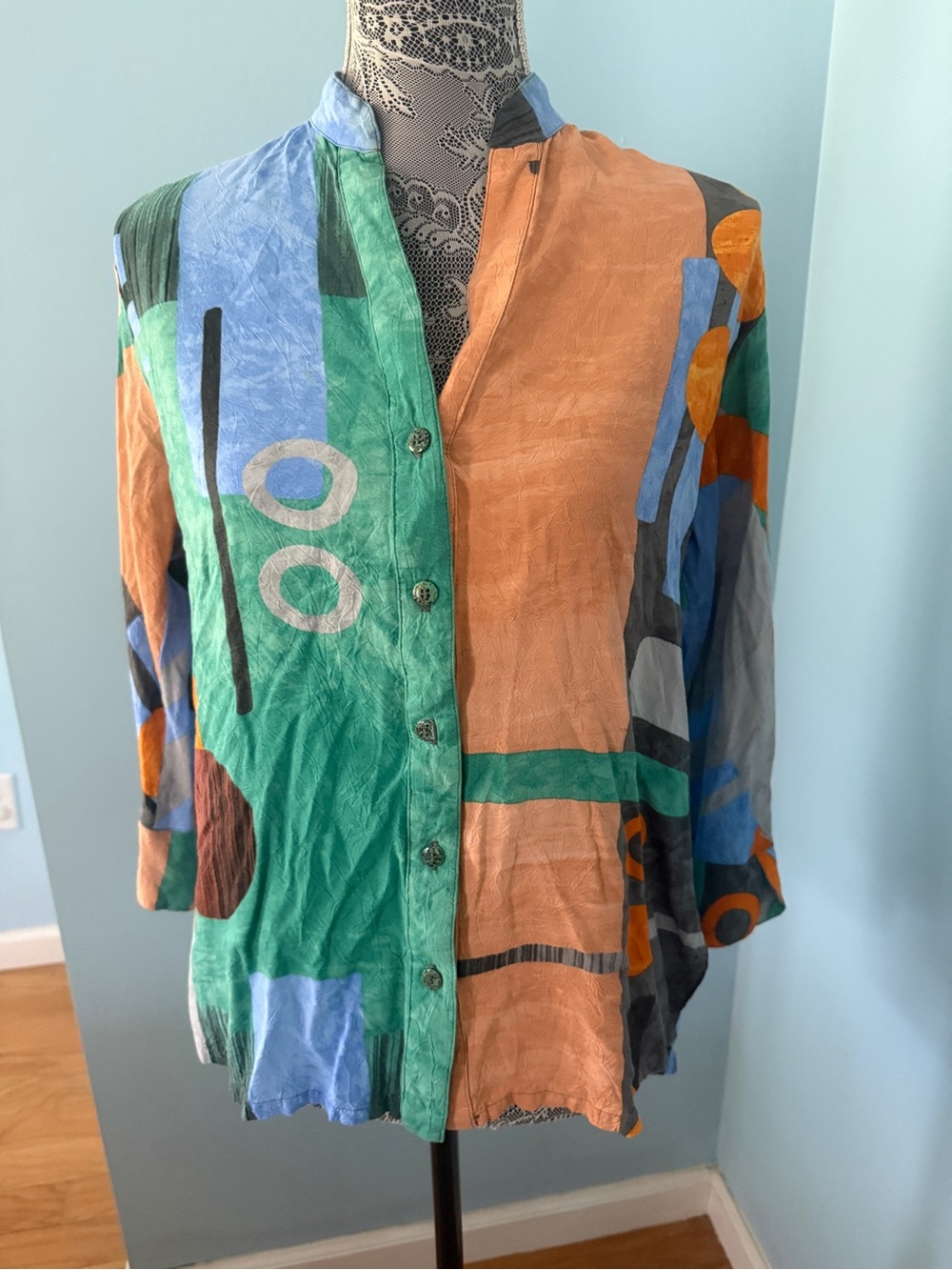 Jams World Abstract Colorblock Button-Front Jacket in Green, Peach & Blue